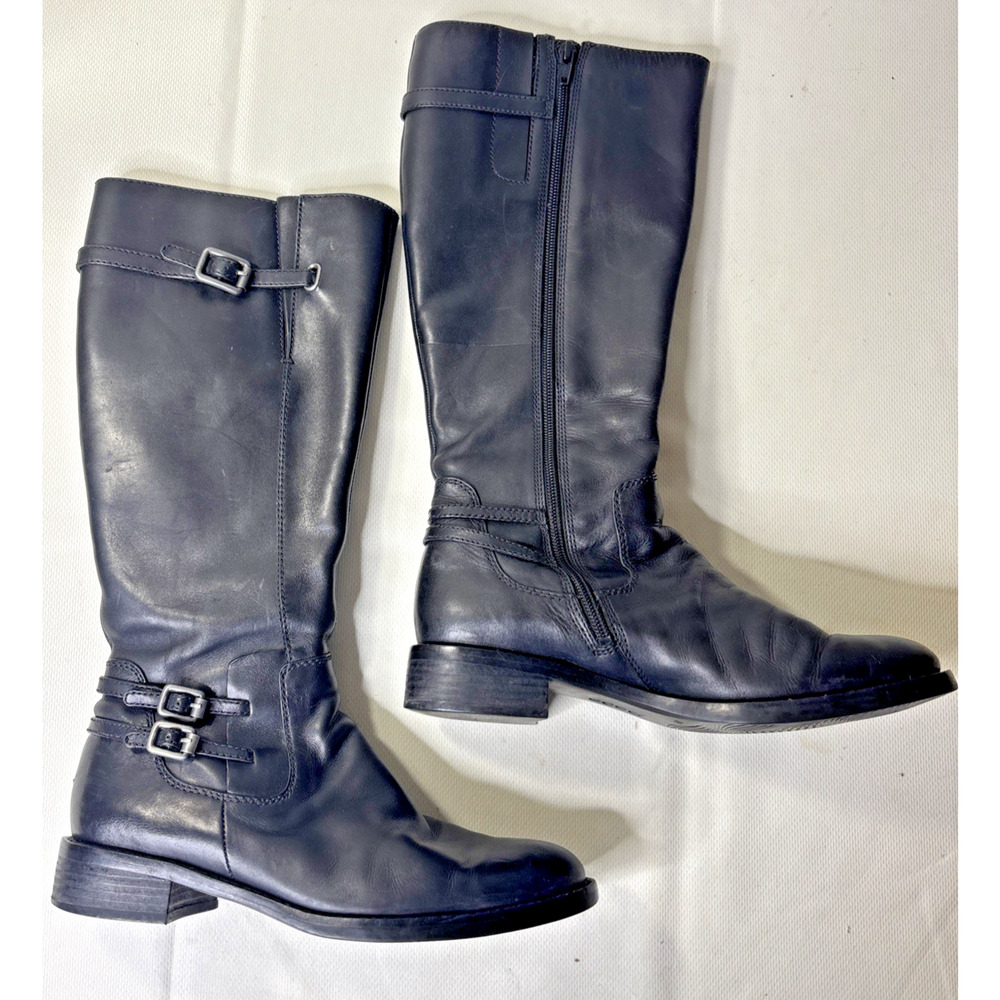 ECCO Hobart Black Leather Tall Riding Boots Womens Size 38 US 7 7.5 Buckles